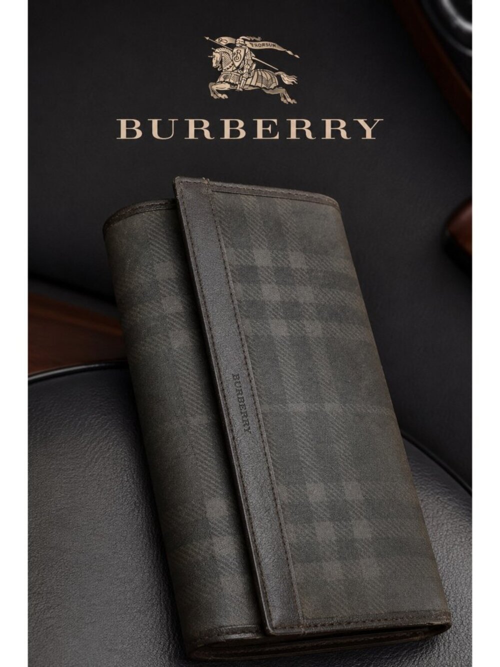 Burberry Black Label Check Long Continental Wallet Leather Snap Closure Black
